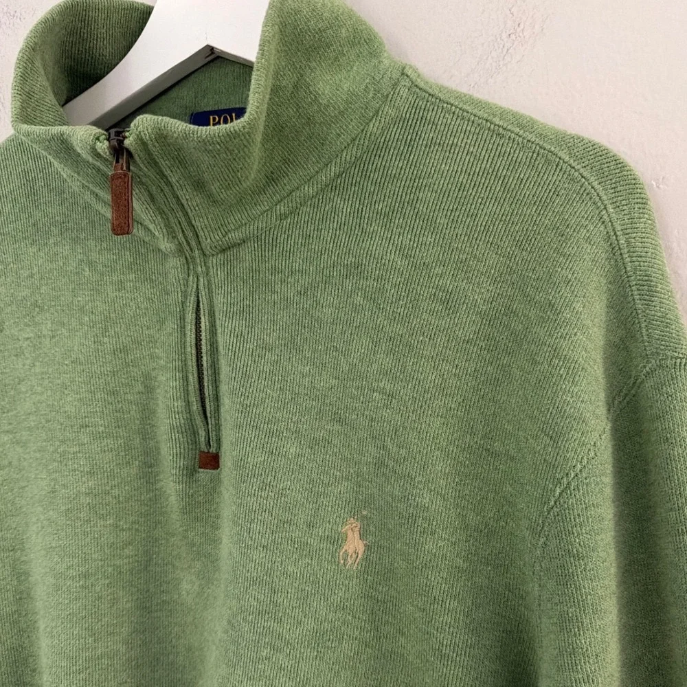 Polo Ralph Lauren Mens Large Sage Green 100% Cotton Quarter Zip Ribbed Sweater